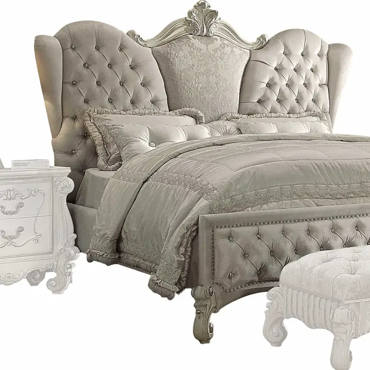 Ivory Solid Wood Queen Tufted Upholstered Velvet Bed Frame with Nailhead Trim