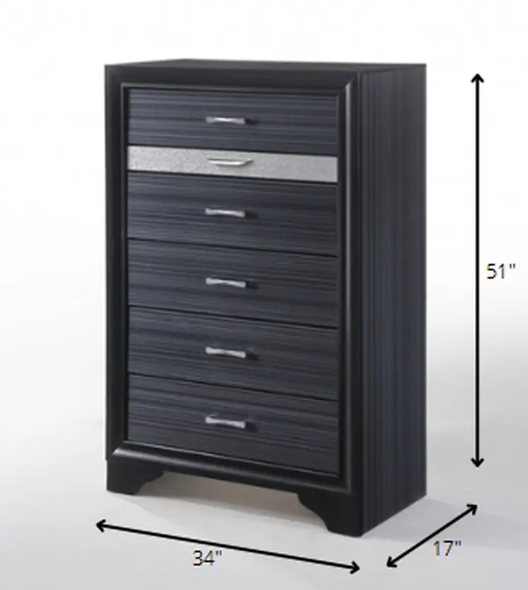 34" Black Solid Wood Six Drawer Chest