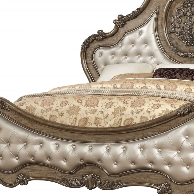 Oak and Bronze Solid Wood Tufted Upholstered Faux Leather Bed Frame