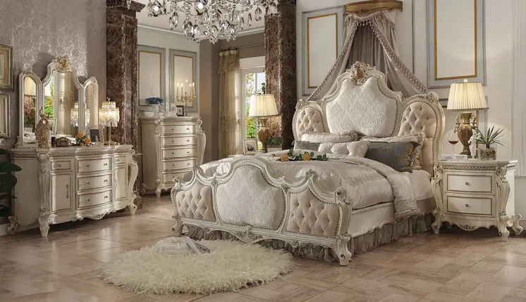 King Tufted Beige Upholstered 100% Polyester Bed With Nailhead Trim