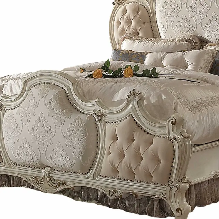 King Tufted Beige Upholstered 100% Polyester Bed With Nailhead Trim