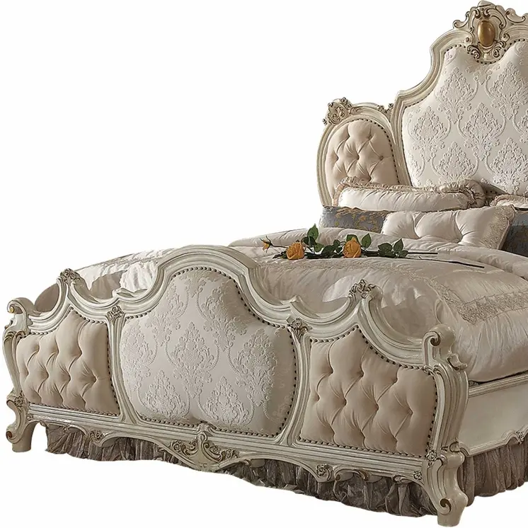 King Tufted Beige Upholstered 100% Polyester Bed With Nailhead Trim