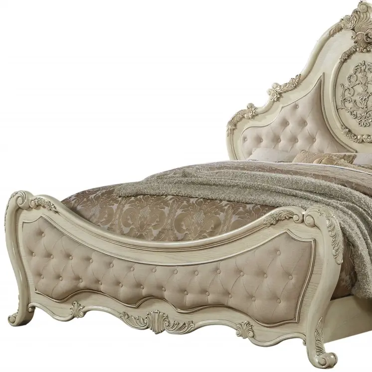 Antiqued White Solid Wood Tufted Upholstered Linen Bed Frame