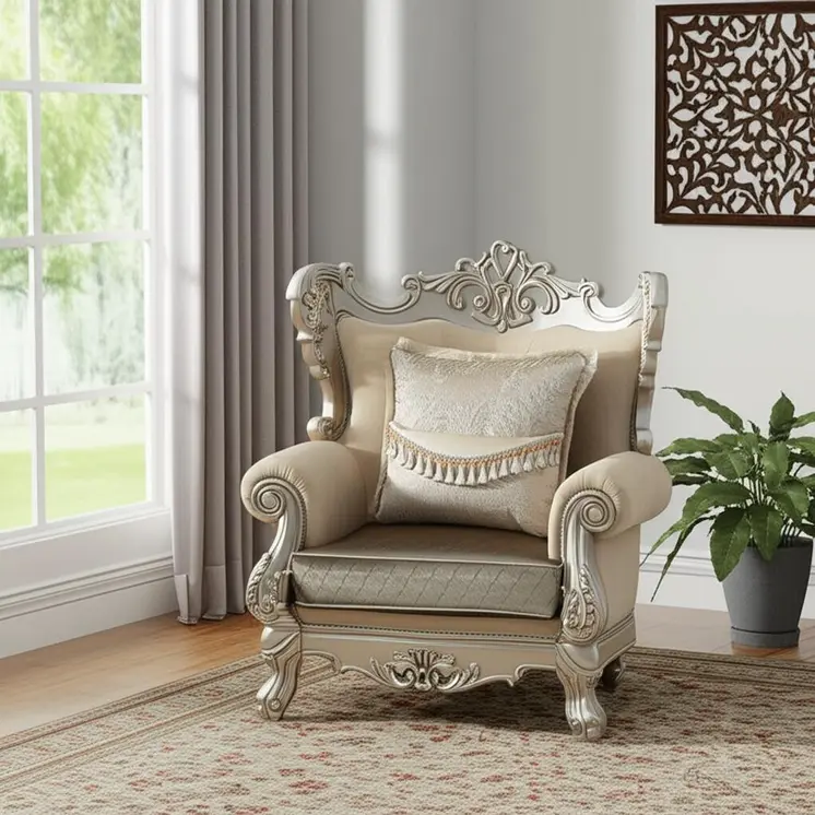 47" Beige Green and Champagne Fabric Geometric Arm Chair And Toss Pillow