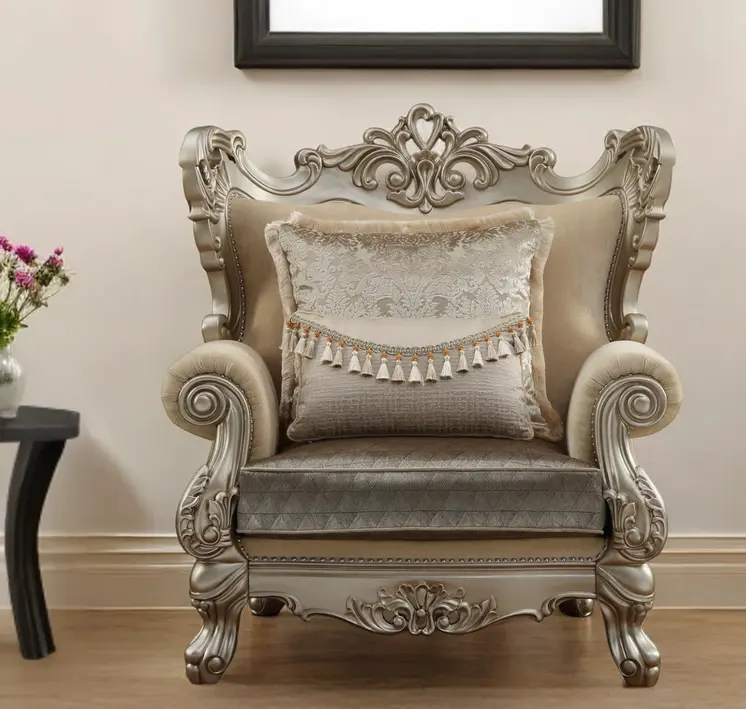 47" Beige Green and Champagne Fabric Geometric Arm Chair And Toss Pillow