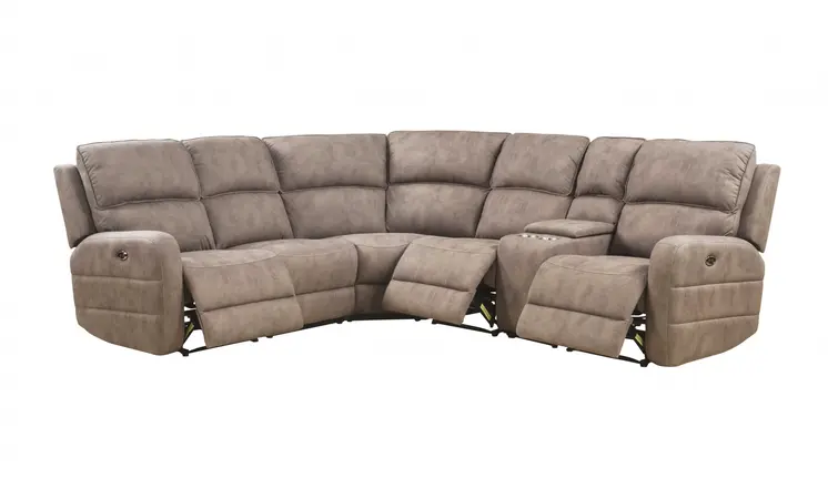 Brown Genuine Leather Power Reclining L Shaped Six Piece Corner Sectional With Console