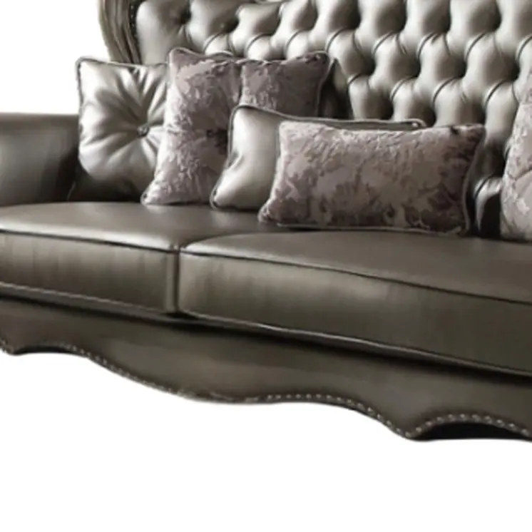 46" Platinum Faux Leather Curved Sofa And Toss Pillows