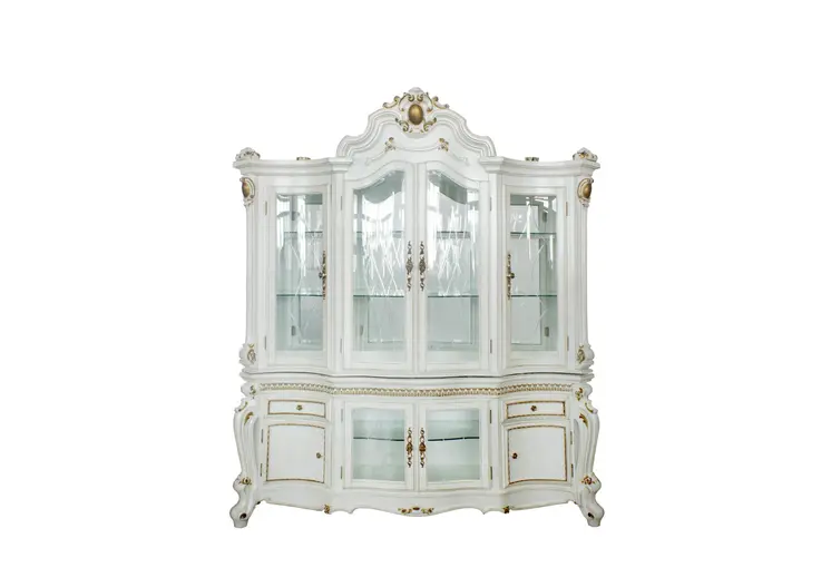 23" X 79" X 92" Antique Pearl Wood Polyresin Glass Mirror Hutch  Buffet