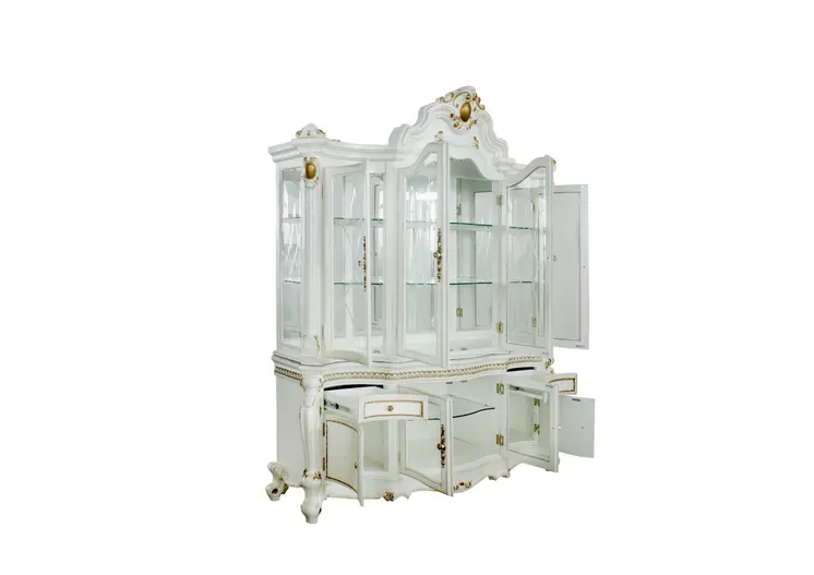 23" X 79" X 92" Antique Pearl Wood Polyresin Glass Mirror Hutch  Buffet