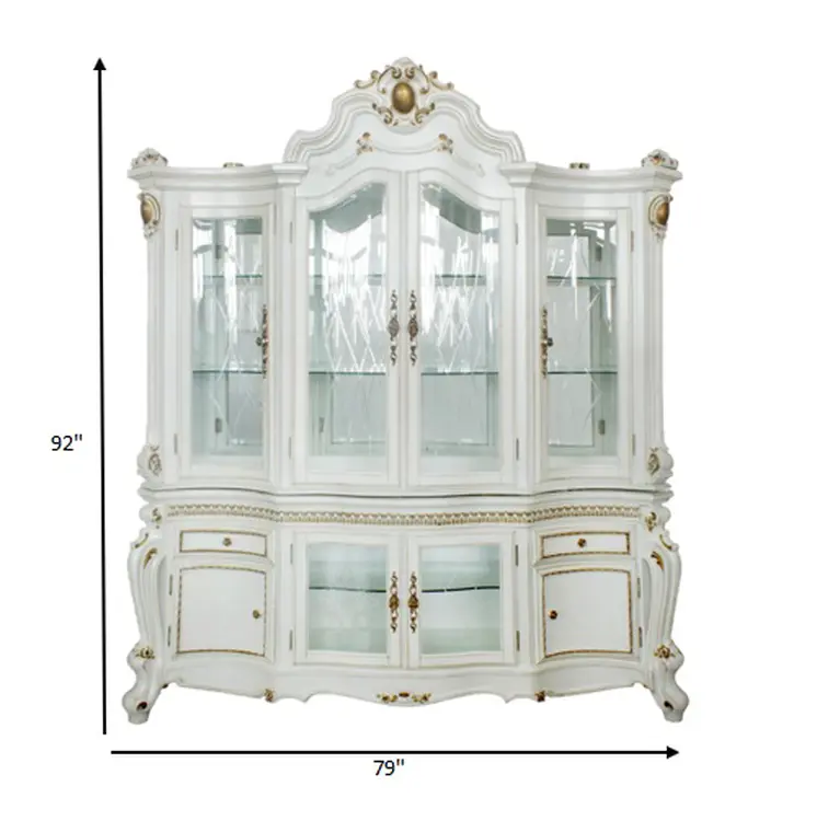 23" X 79" X 92" Antique Pearl Wood Polyresin Glass Mirror Hutch  Buffet