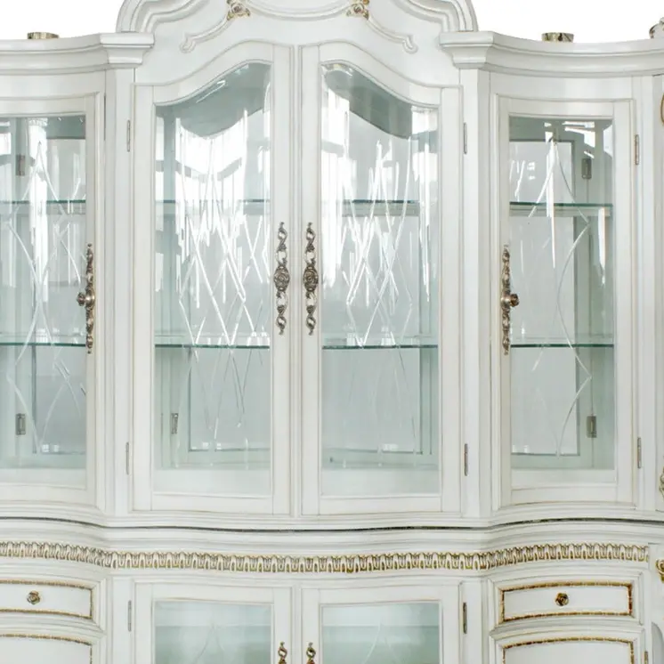 23" X 79" X 92" Antique Pearl Wood Polyresin Glass Mirror Hutch  Buffet