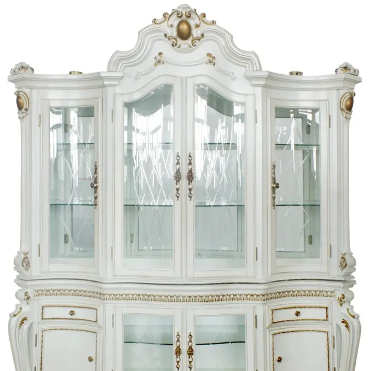 23" X 79" X 92" Antique Pearl Wood Polyresin Glass Mirror Hutch  Buffet