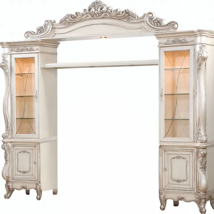 25" X 117" X 101" Antique White Wood Glass Poly-Resin Entertainment Center