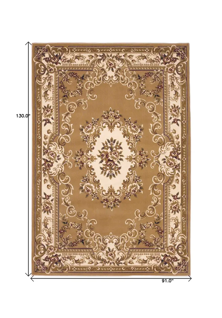 8' X 11' Beige And Ivory Floral Medallion Area Rug