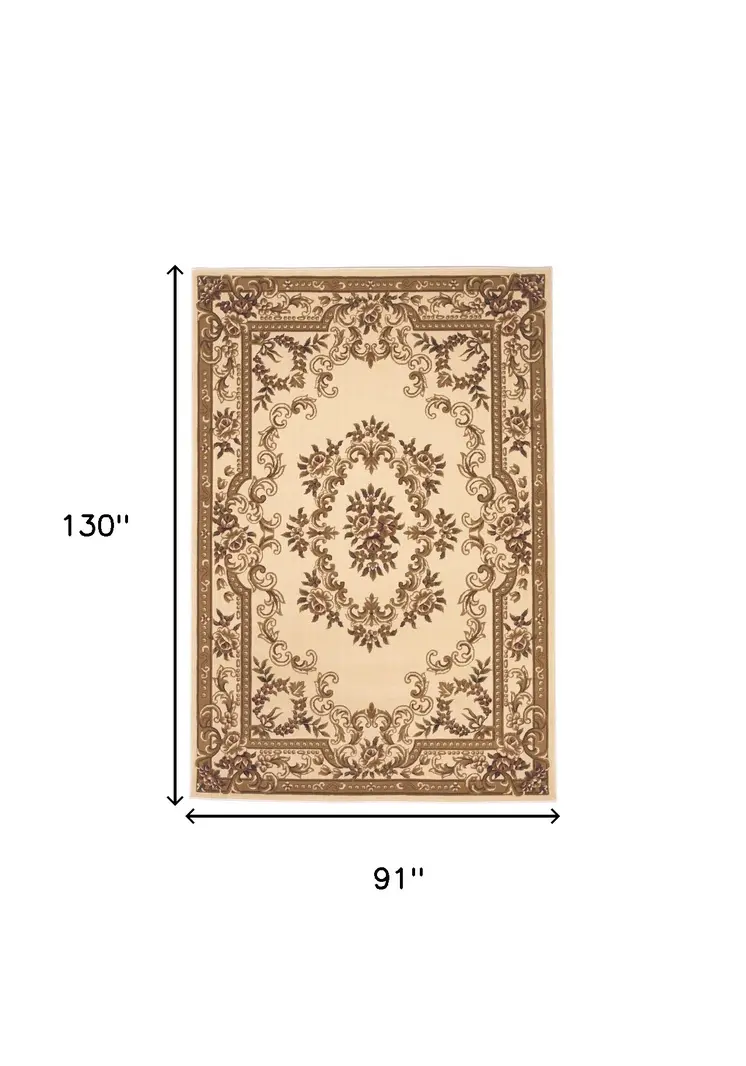 8' X 11' Ivory And Brown Floral Medallion Area Rug