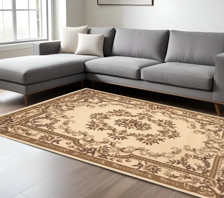 8' X 11' Ivory And Brown Floral Medallion Area Rug