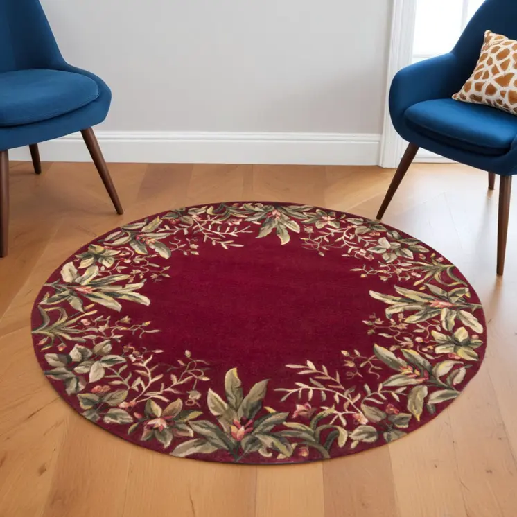 6' Ruby Red Round Wool Floral Handmade Area Rug