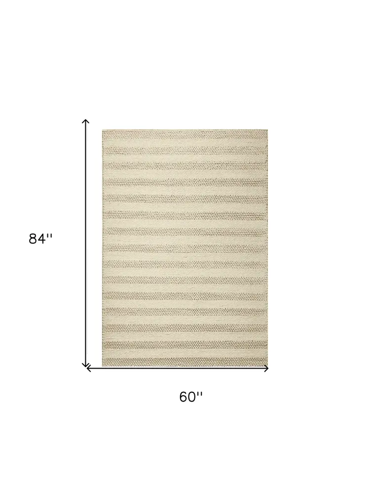 5' X 7' Ivory And White New Zealand Lambs Wool Striped Hand Woven Area Rug