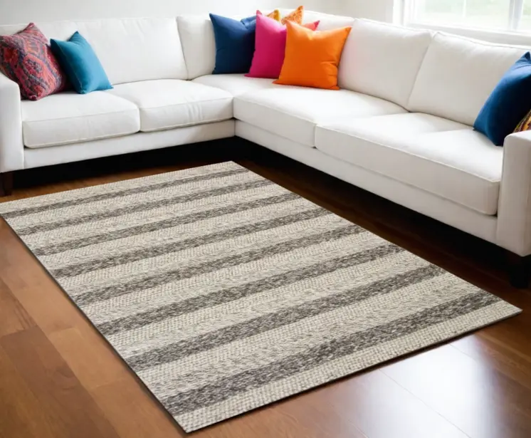 5' X 7' Gray And White New Zealand Lambs Wool Striped Hand Woven Area Rug