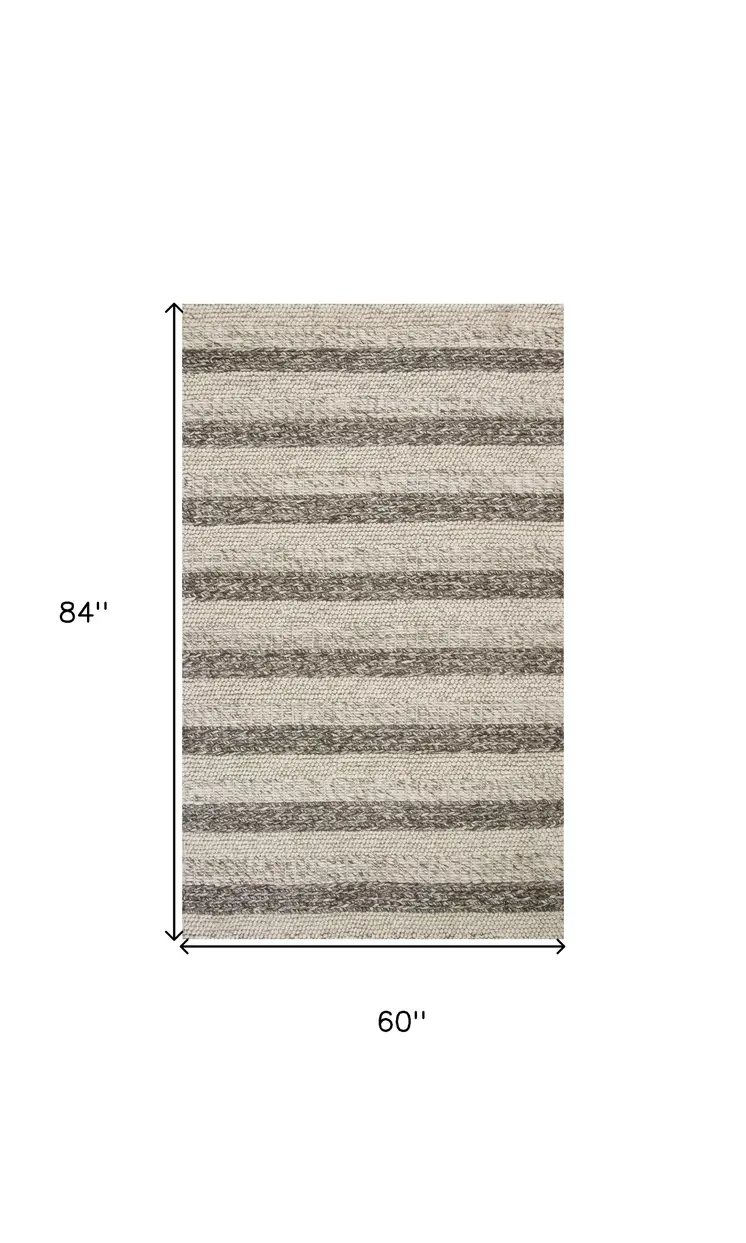 5' X 7' Gray And White New Zealand Lambs Wool Striped Hand Woven Area Rug