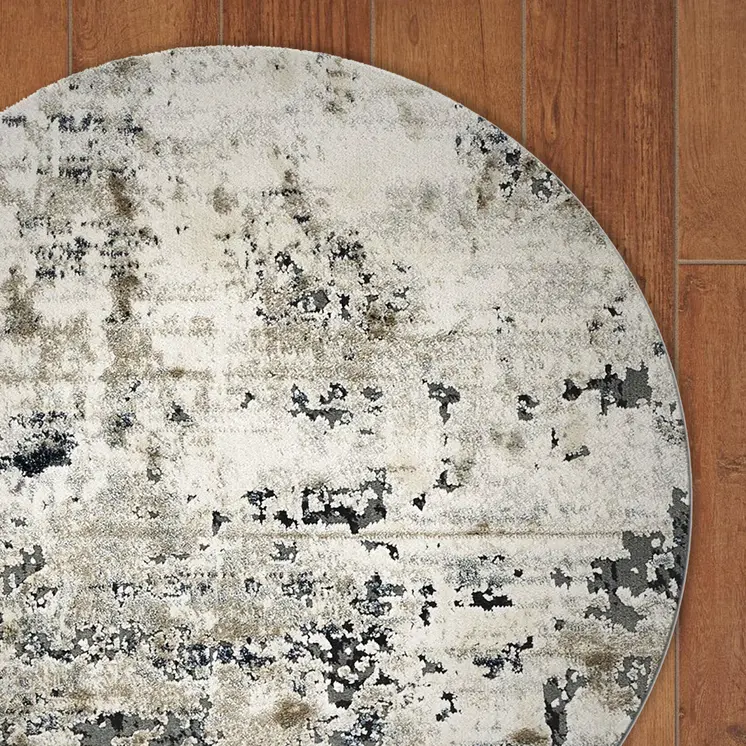 8' Ivory And Teal Abstract Round Rug