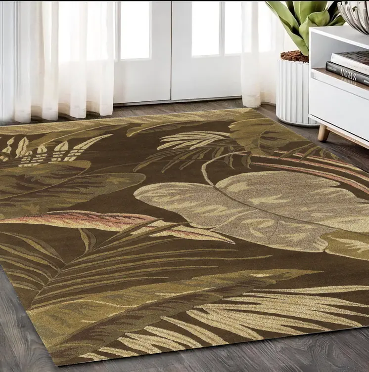5' X 8' Brown And Green Wool Botanical Leaves Hand Tufted Area Rug
