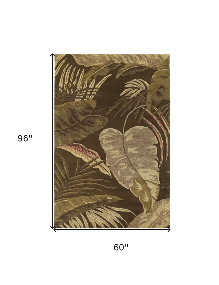 5' X 8' Brown And Green Wool Botanical Leaves Hand Tufted Area Rug