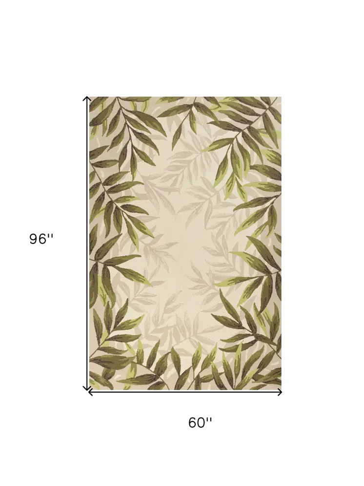 5' X 8' Ivory Hand Tufted Bordered Tropical Leaves Indoor Area Rug
