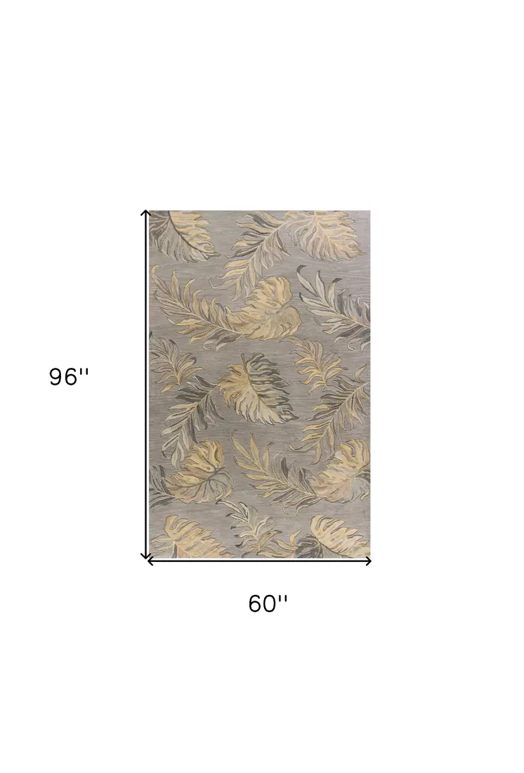 5' X 8' Gray And Taupe Wool Tropical Botanical Hand Tufted Area Rug