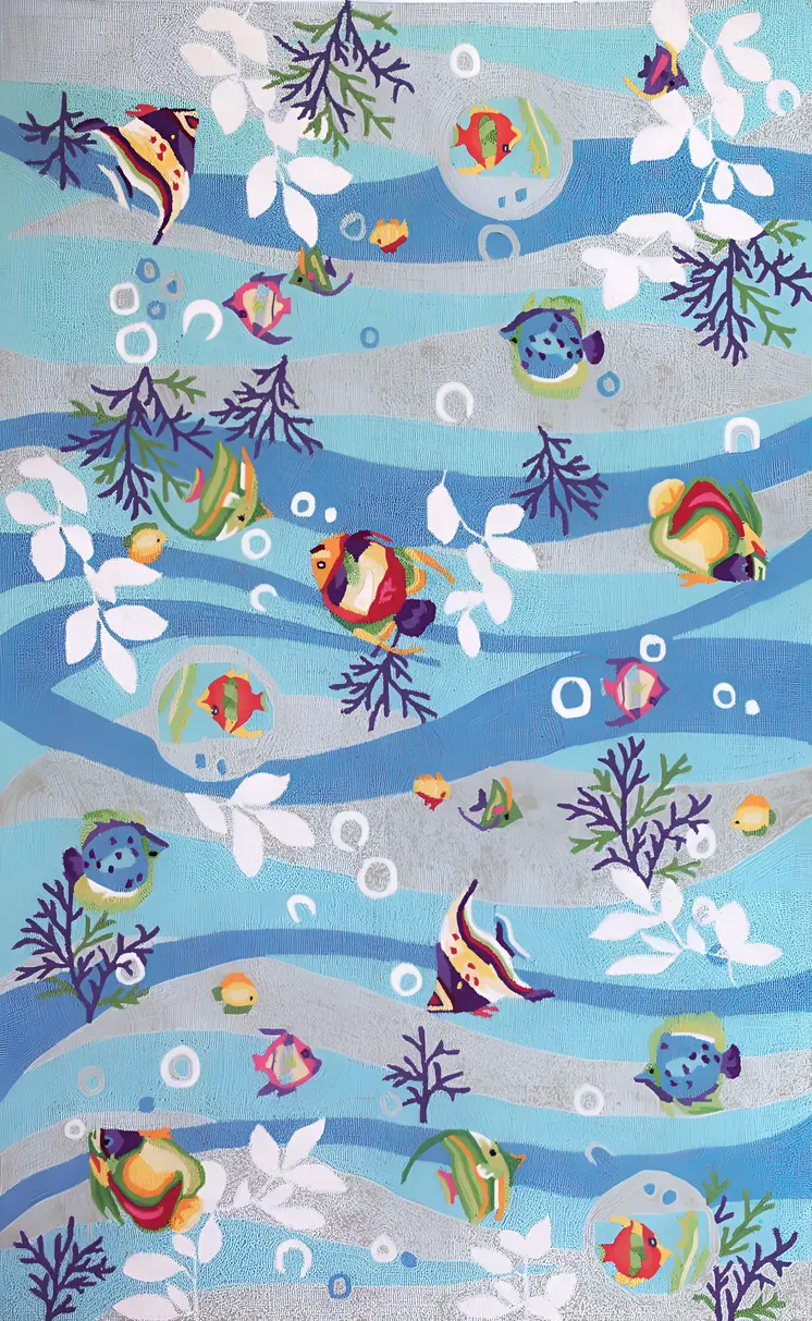 8' X 10' Blue Red And White Fish Hand Hooked Area Rug