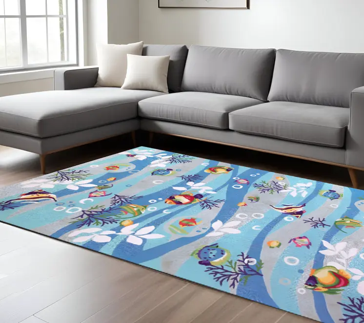 8' X 10' Blue Red And White Fish Hand Hooked Area Rug