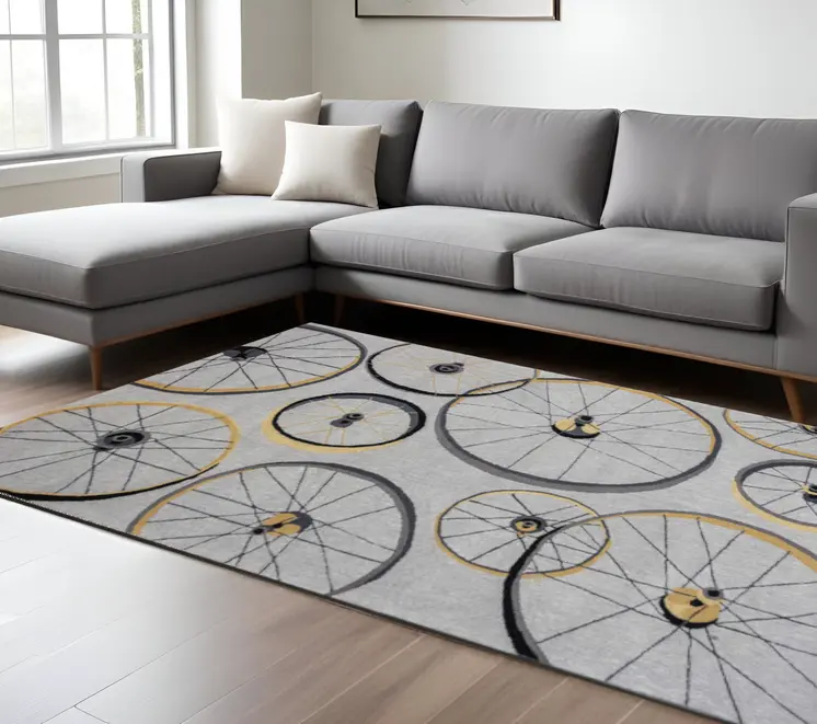 8' X 10' Gray Hand Hooked Wheels Area Rug