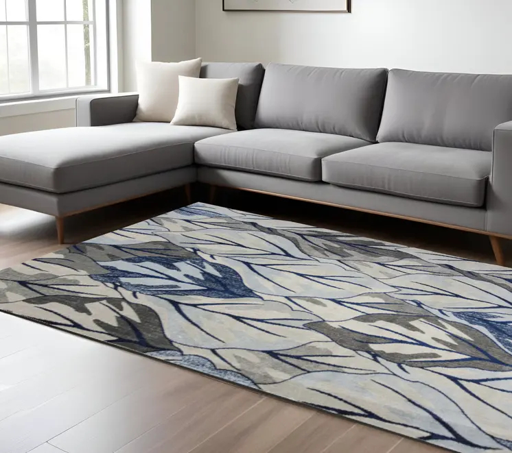 8' X 11' Blue And Navy Blue Botanical Leaves Area Rug
