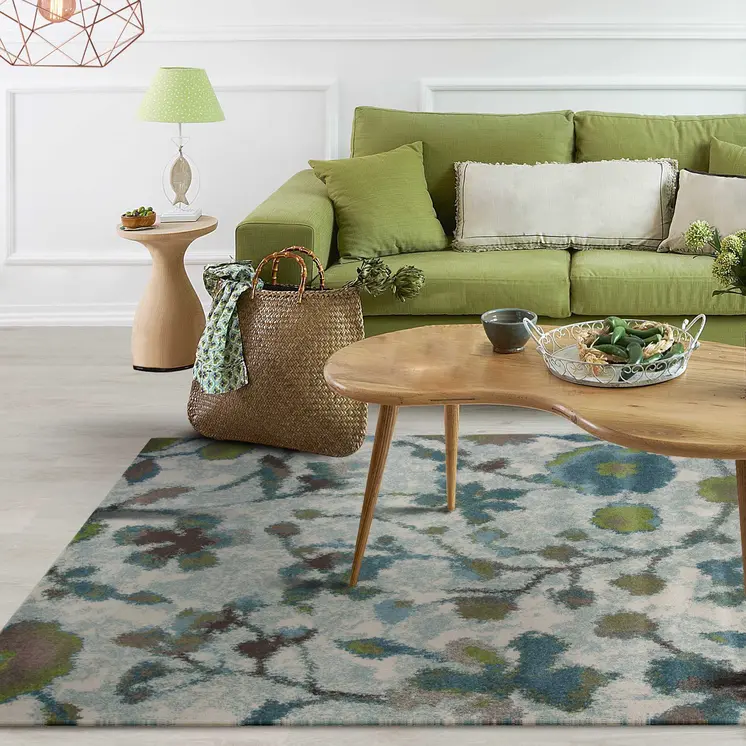8' X 11' Teal Blue White And Green Floral Area Rug
