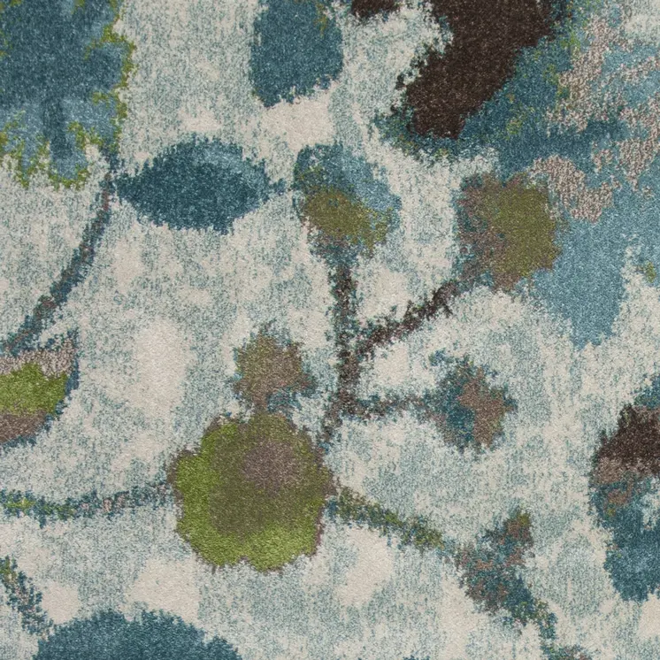 8' X 11' Teal Blue White And Green Floral Area Rug