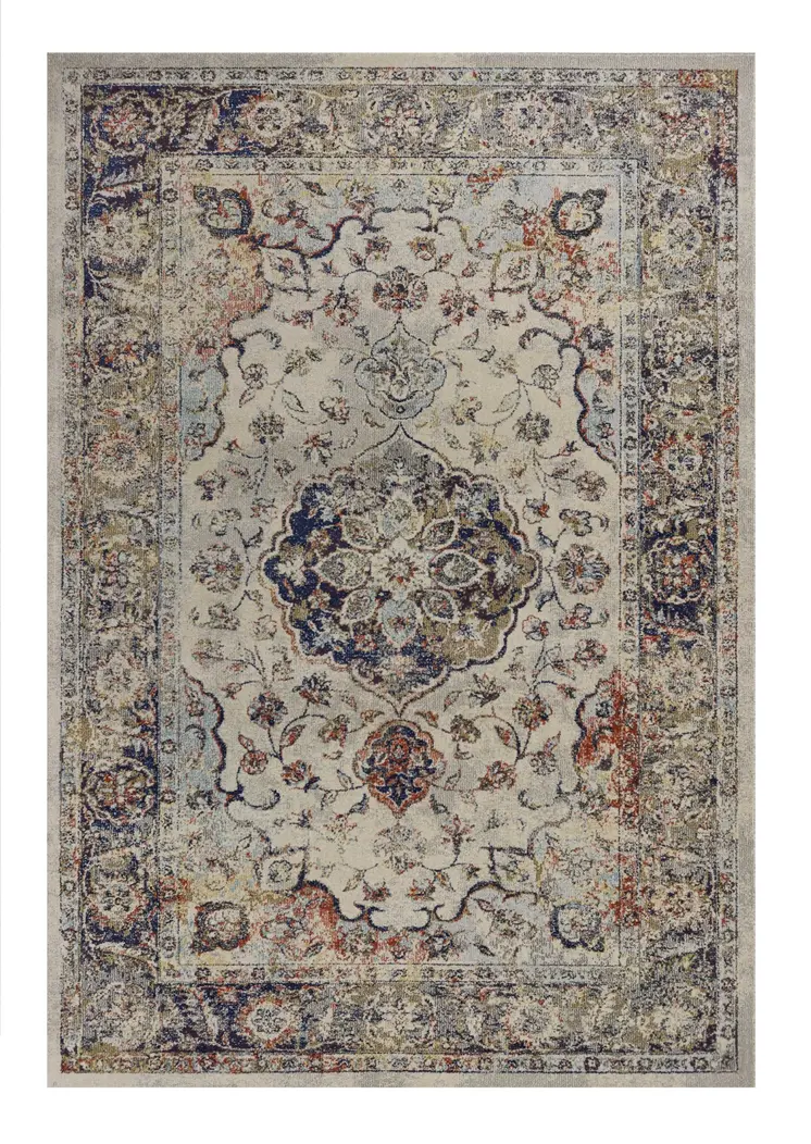 8' X 11' Ivory Blue And Orange Floral Medallion Area Rug