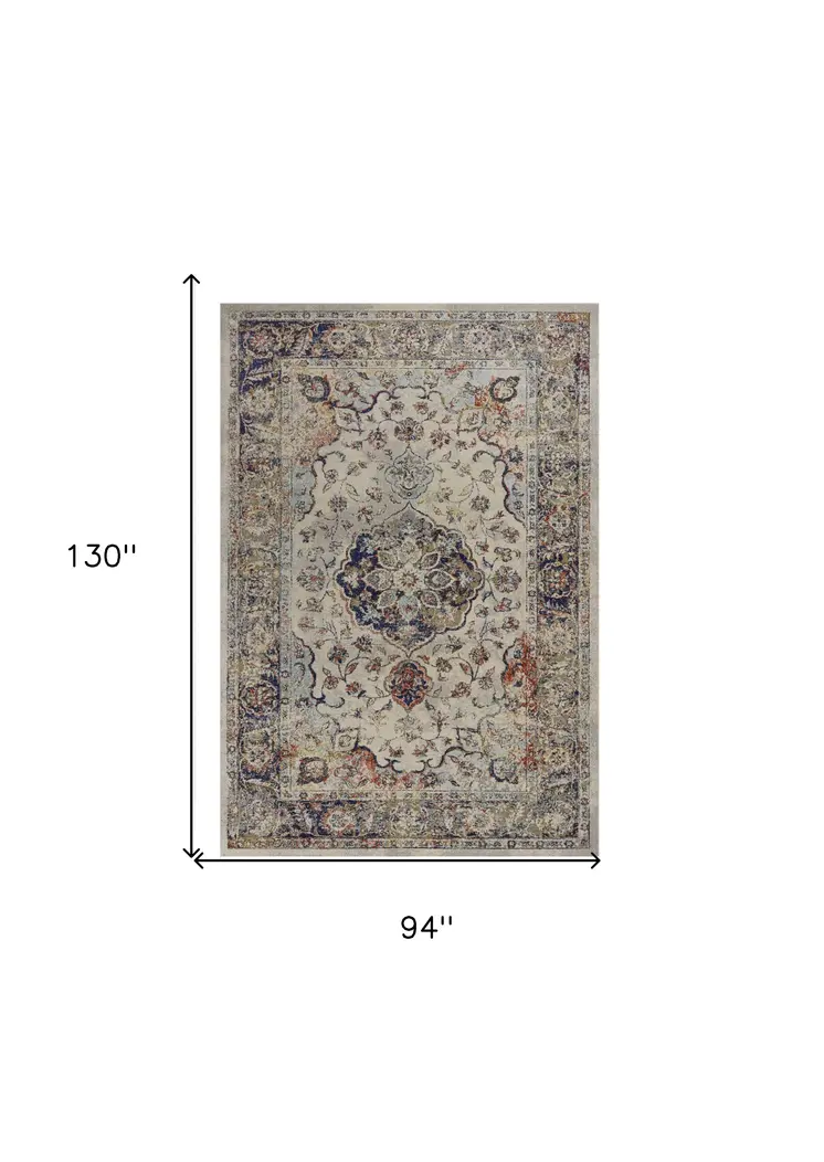 8' X 11' Ivory Blue And Orange Floral Medallion Area Rug
