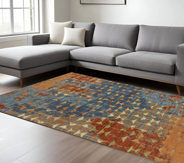 7' X 10' Blue and Orange Area Rug
