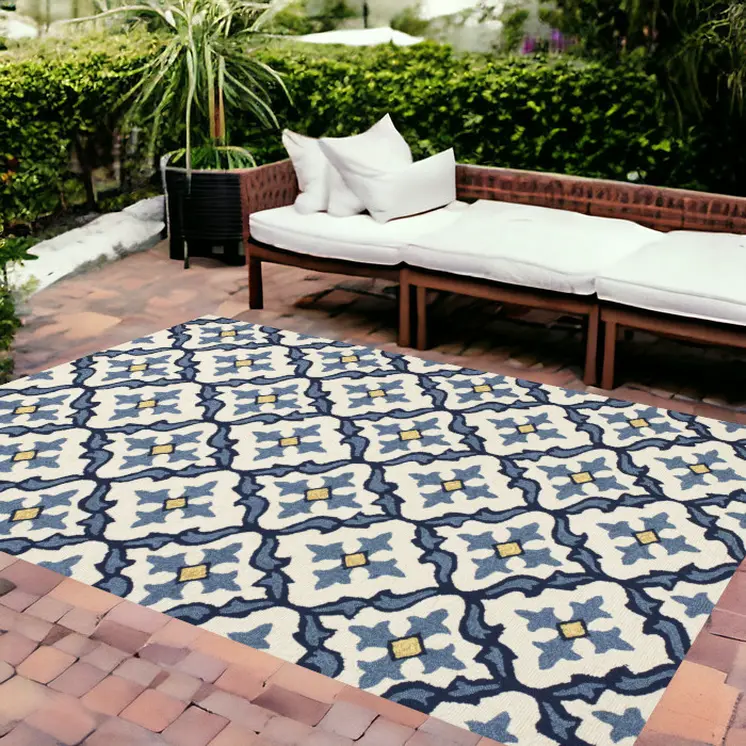 8' X 10' Blue And Ivory Moroccan Handmade Indoor Outdoor Area Rug