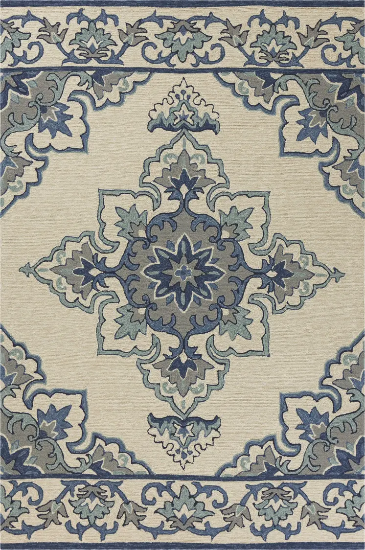 8' X 10' Ivory And Blue Damask Indoor Outdoor Area Rug
