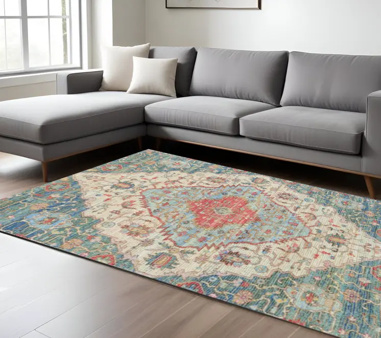 7' X 12' Blue and Red Medallion Handmade Area Rug