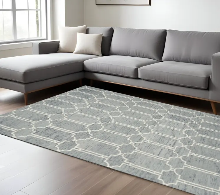 8' X 10' Blue And Ivory Wool Geometric Hand Tufted Area Rug