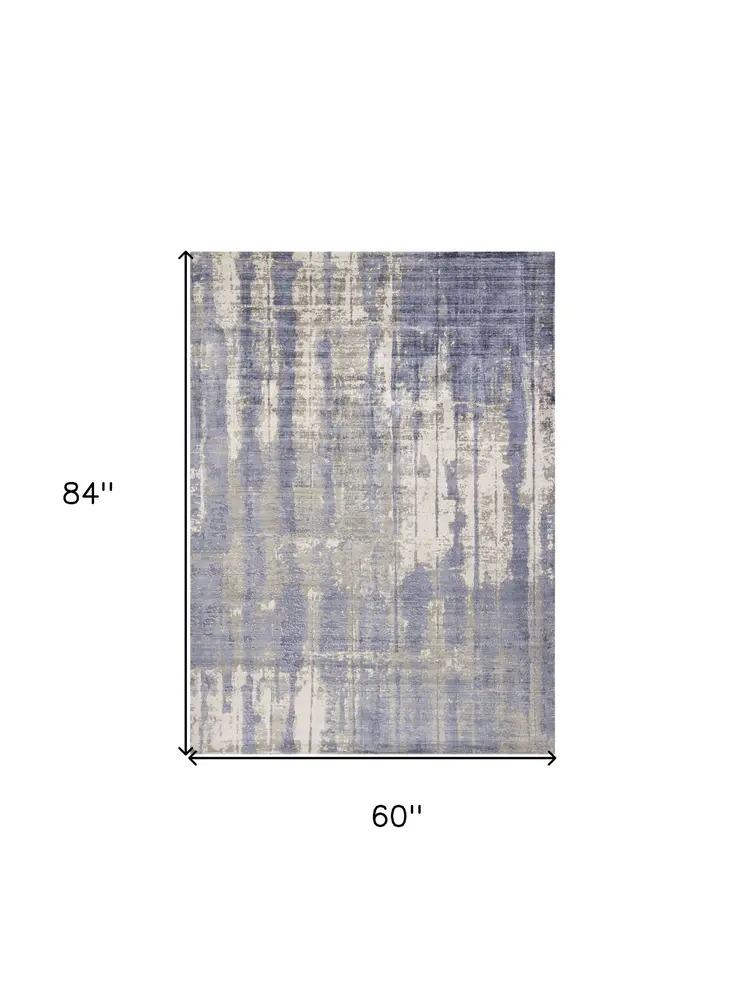 5' X 7' Blue Gray And Ivory Abstract Hand Loomed Area Rug