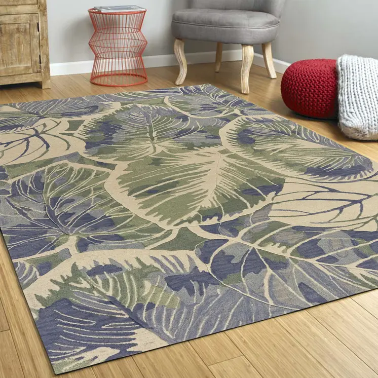 5' X 8' Blue Green And Beige Wool Tropical Botanical Hand Tufted Area Rug