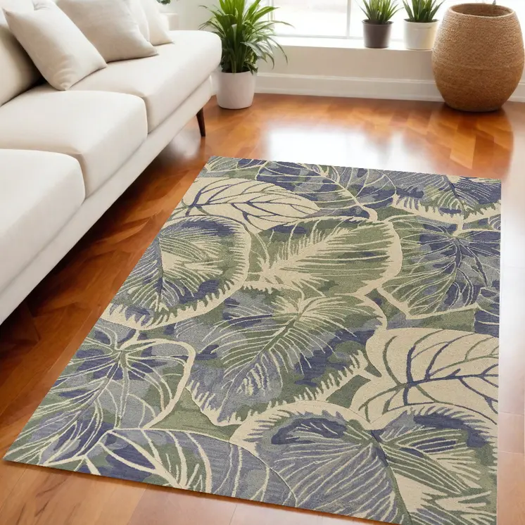 5' X 8' Blue Green And Beige Wool Tropical Botanical Hand Tufted Area Rug