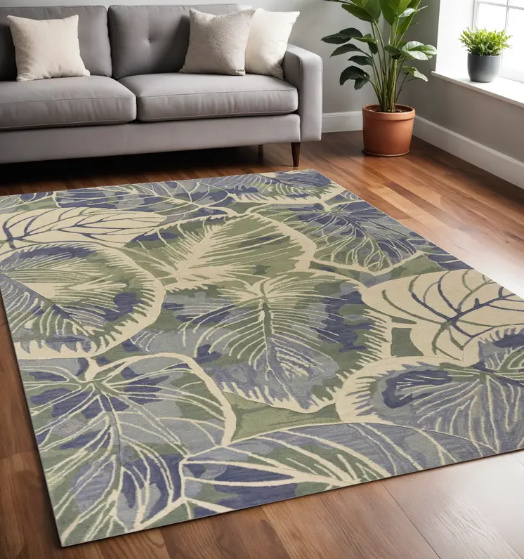 5' X 8' Blue Green And Beige Wool Tropical Botanical Hand Tufted Area Rug