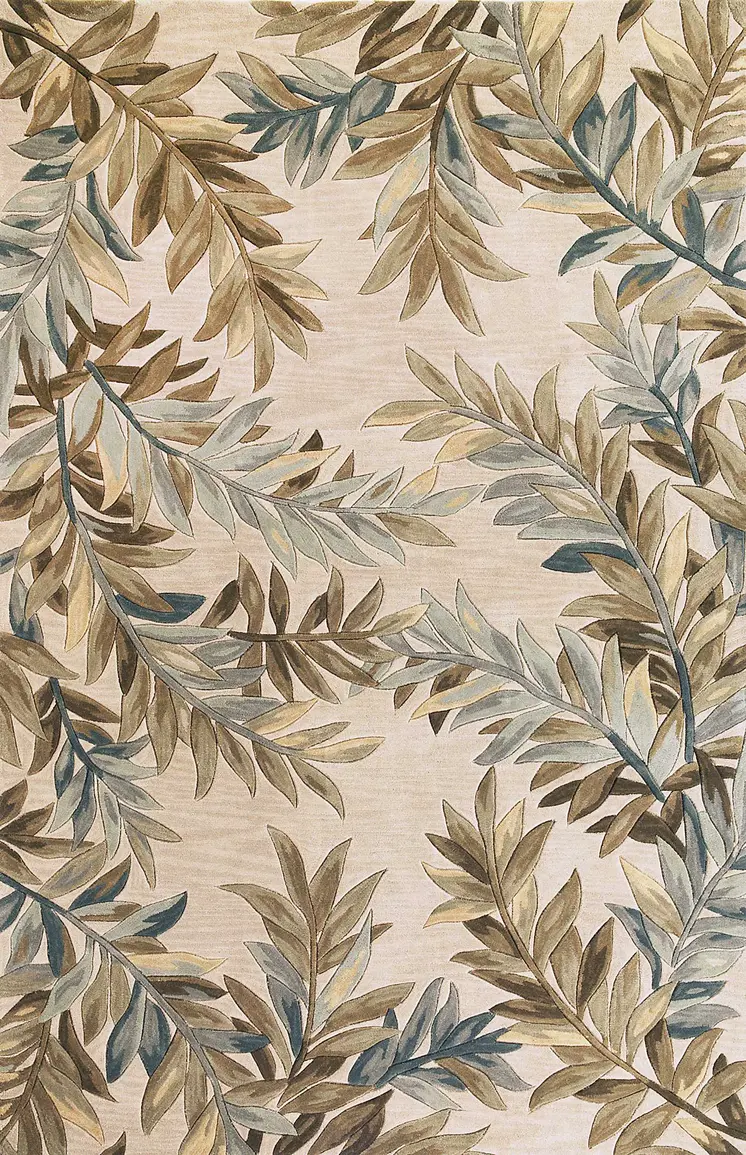 5' X 8' Ivory And Green Wool Botanical Leaves Hand Tufted Area Rug