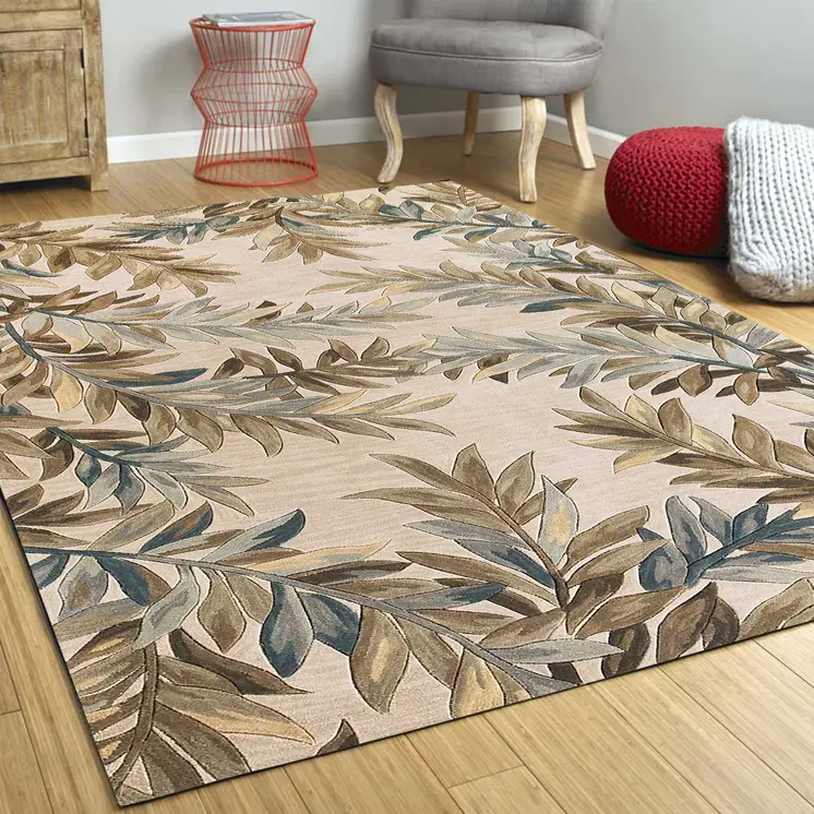 5' X 8' Ivory And Green Wool Botanical Leaves Hand Tufted Area Rug