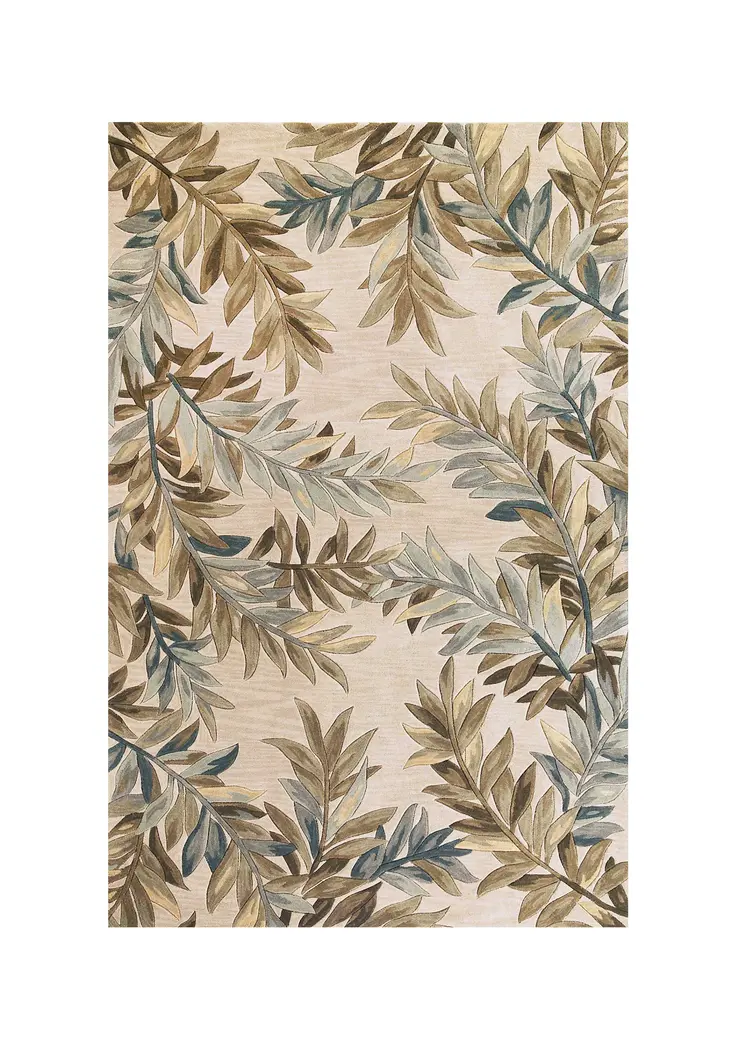 5' X 8' Ivory And Green Wool Botanical Leaves Hand Tufted Area Rug