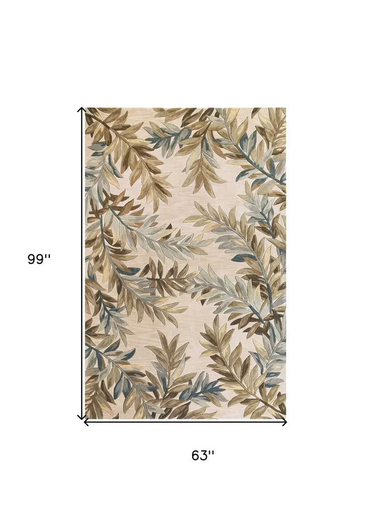 5' X 8' Ivory And Green Wool Botanical Leaves Hand Tufted Area Rug